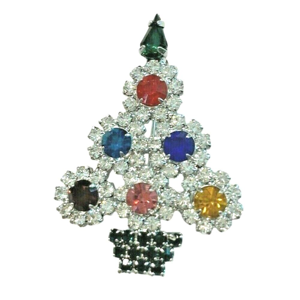Vintage Christmas Tree Brooch Festive Holiday Pin Colorful Rhinestones Mod Look